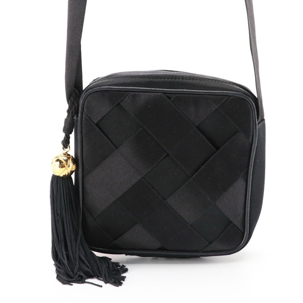 Chanel CC Tassel Evening Bag in Black Satin Interwoven Ribbon and Leather - Rare